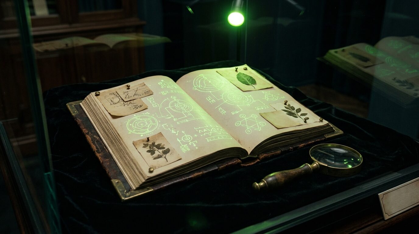 An open leather ledger under glass, pages of glowing diagrams and pinned fragments.